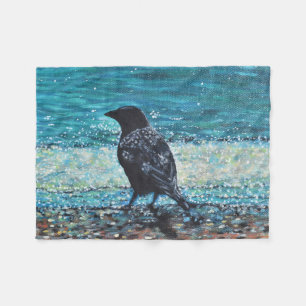 Crow on the Beach Painting Fleece Blanket