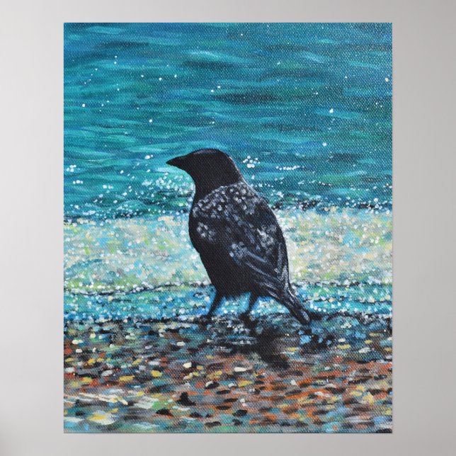 Crow on the Beach Painting Poster (Front)