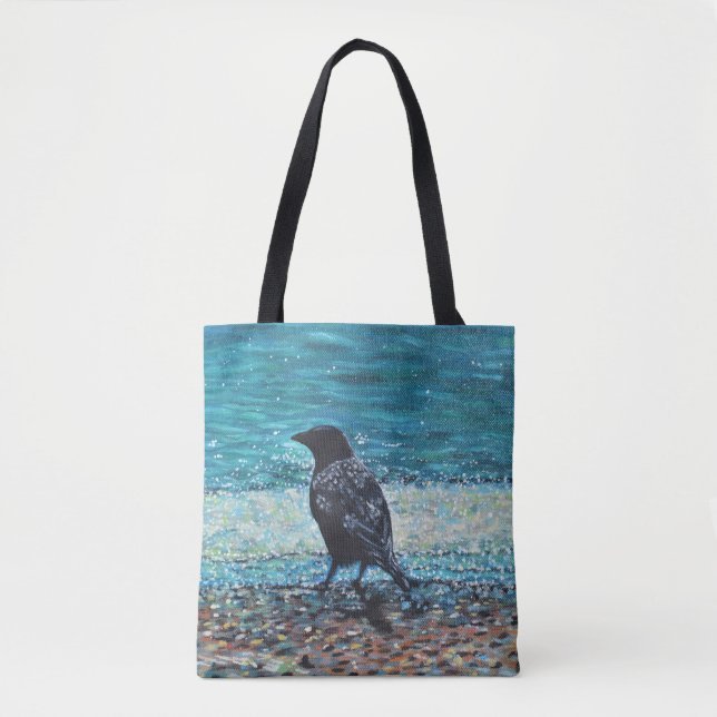 Crow on the Beach Painting Tote Bag (Front)