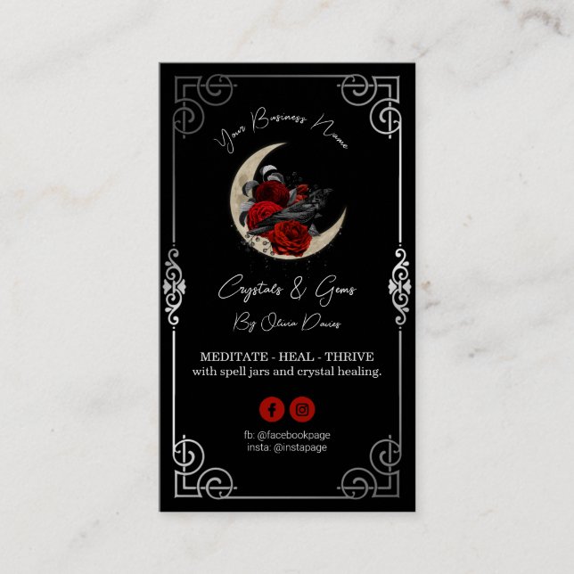 Crow On The Moon Black Business Card (Front)