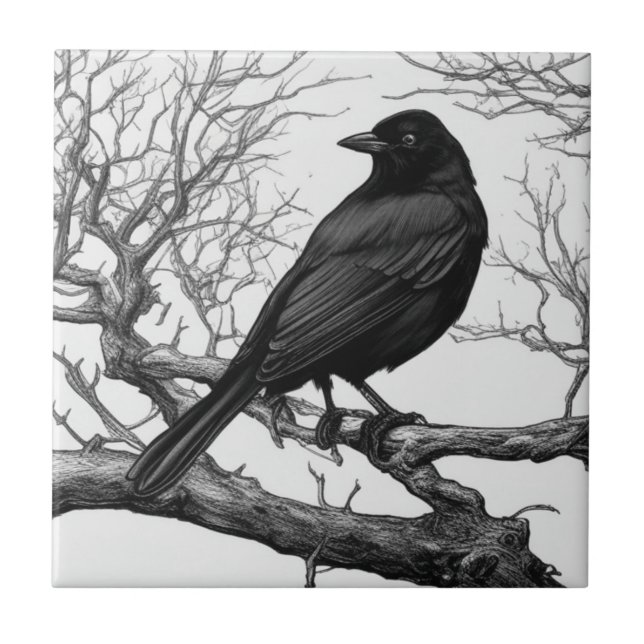 Crow Perched on Bare Winter Branches Tile (Front)