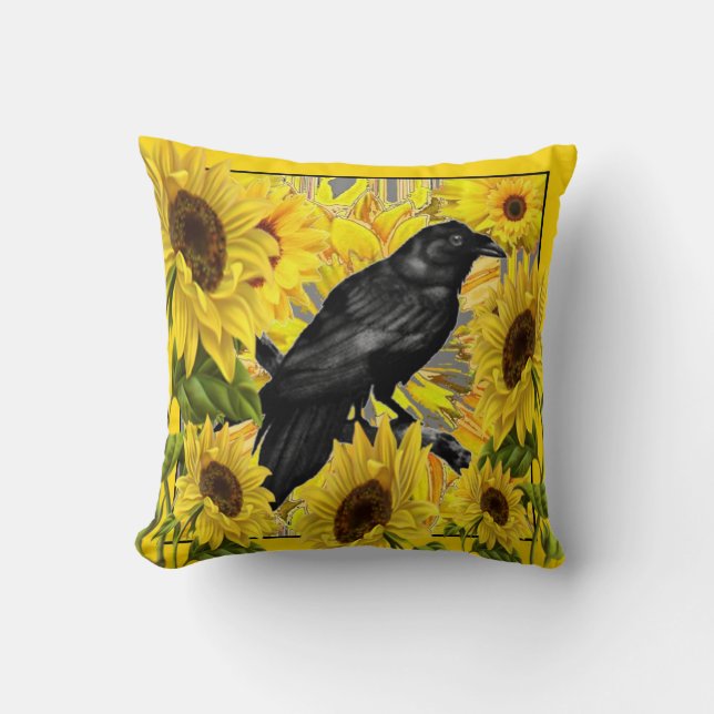 CROW/RAVEN AMONGST YELLOW SUNFLOWERS CUSHION (Front)