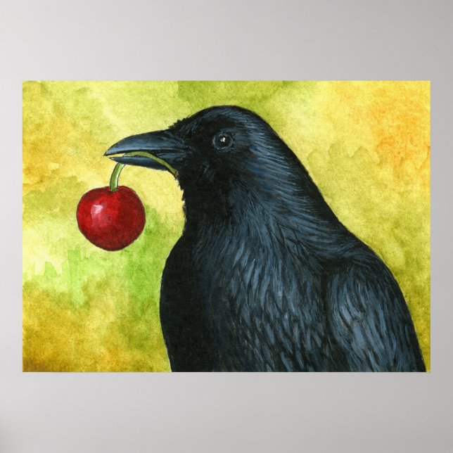 Crow Raven Bird 55 holding cherry Poster (Front)