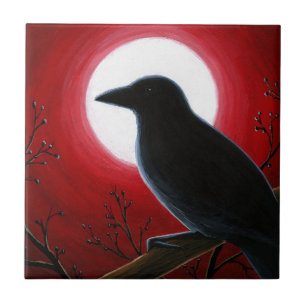 Crow Raven Bird 62 Moon Red Tile