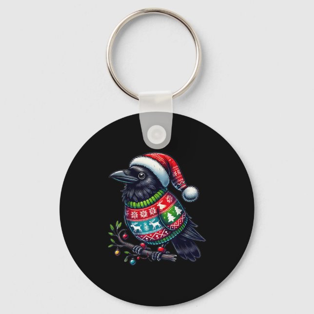 Crow Raven Bird Ugly Sweater Santa Hat Christmas  Key Ring (Front)