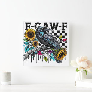 Crow Raven F-CAW-F Funny Halloween Square Wall Clock