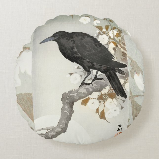 Crow Raven Koson Japanese Bird Round Cushion (Front)