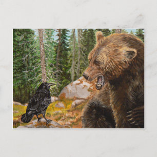 Crow Raven teasing Grizzly Bear wildlife postcard