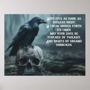 Crow sitting on a skull with a gothic message poster