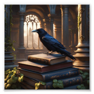 Crow Sitting on Ancient Books in a Church Photo Print