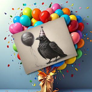Crow staring at happy birthday balloon charcoal postcard