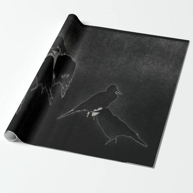 CROW SUMI INK JAPANESE  ON BLACK GIFT WRAPPING WRAPPING PAPER (Unrolled)