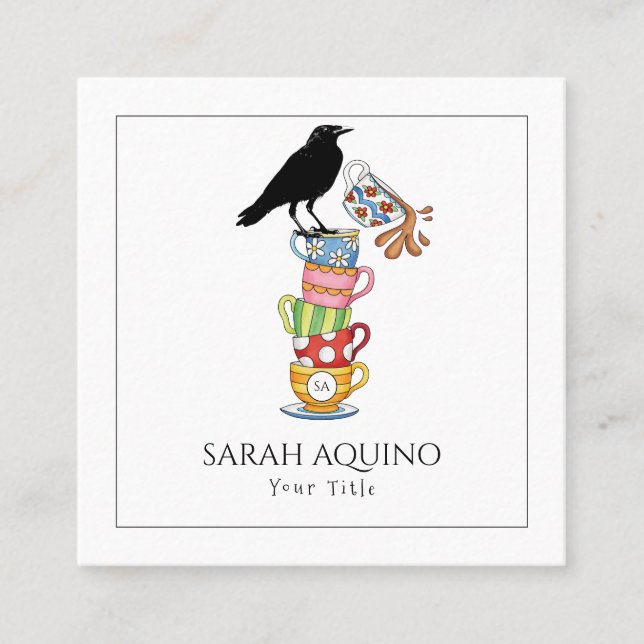 Crow & Tea Cups Whimsical Square Business Card (Front)