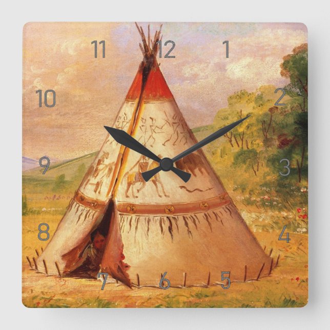 Crow Teepee Wigwam, George Catlin Art Square Wall Clock (Front)
