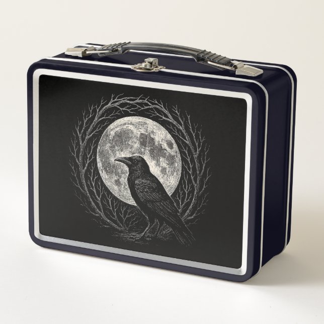 Crow with Full Moon Folk Horror Metal Lunch Box (Front)