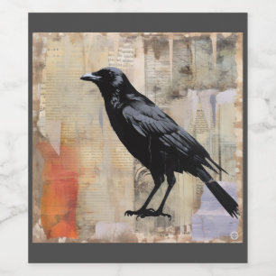 Crow with newspaper print collage background wine label