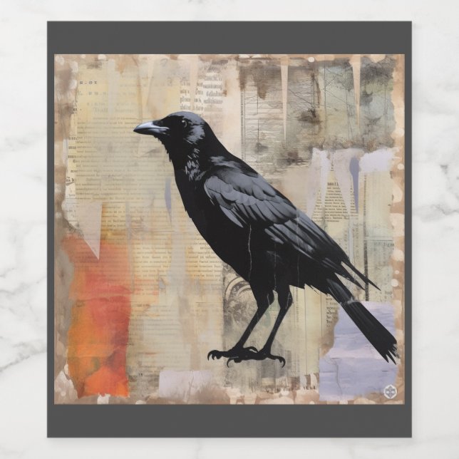 Crow with newspaper print collage background wine label (Single Label)