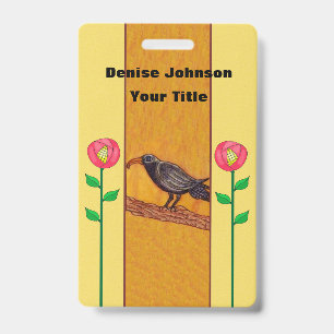 Crow With Two Abstract Red Flowers on Stems Yellow ID Badge