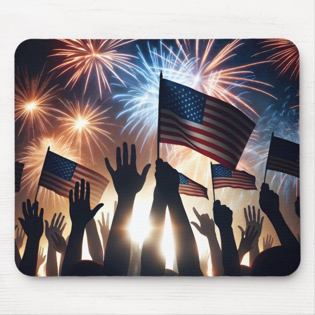 Crowd Holding American Flags Waching Fireworks Mouse Mat (Front)