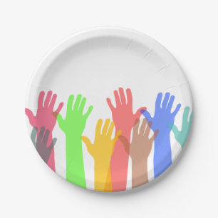 Crowd of Colorful Hands in the Air Paper Plate
