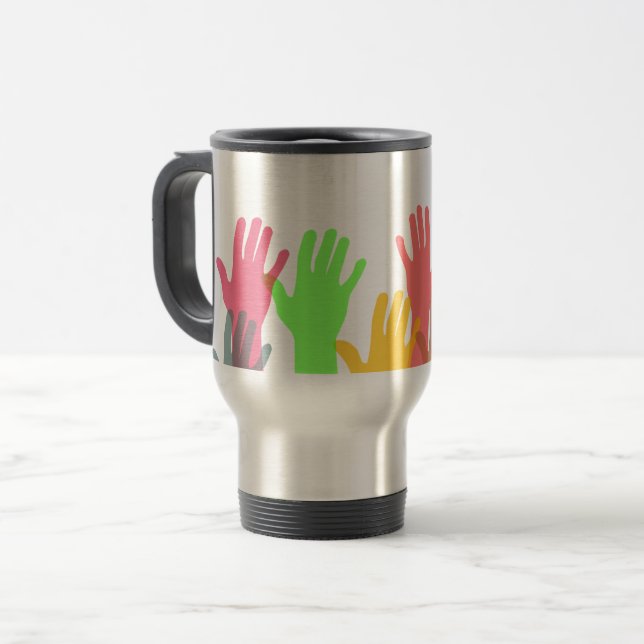 Crowd of Colorful Hands in the Air Travel Mug (Front Left)