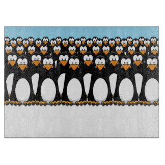 Crowd of Funny Cartoon Penguins on Snow Cutting Board