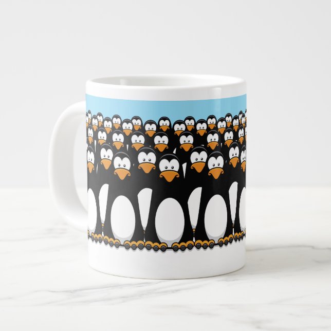 Crowd of Funny Cartoon Penguins on Snow Large Coffee Mug (Front Left)