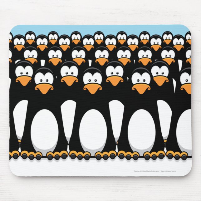 Crowd of Funny Cartoon Penguins on Snow Mouse Mat (Front)