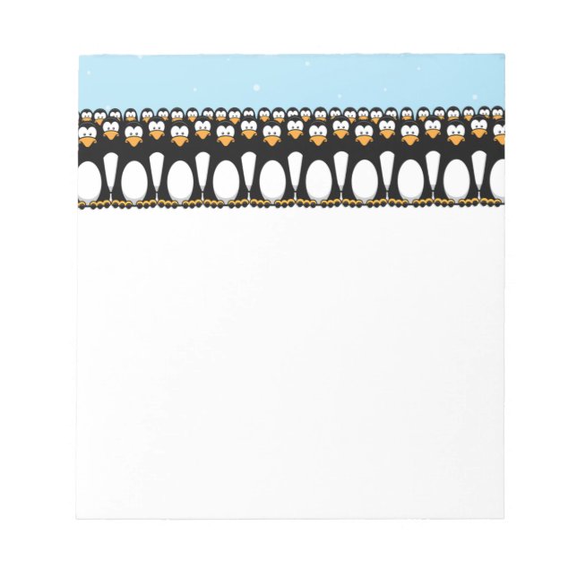 Crowd of Funny Cartoon Penguins on Snow Notepad (Front)