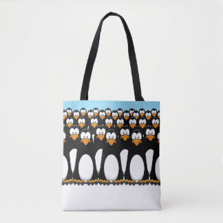 Crowd of Funny Cartoon Penguins on Snow Tote Bag