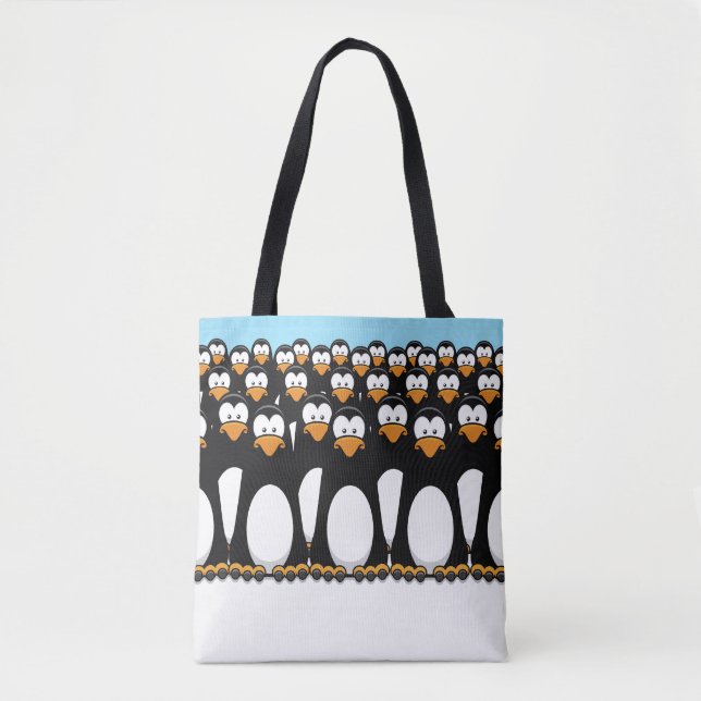 Crowd of Funny Cartoon Penguins on Snow Tote Bag (Front)