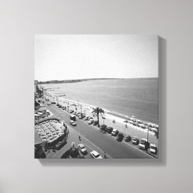 Crowd of people on beach B&W elevated view Canvas Print (Front)