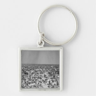 Crowd of people on beach B&W elevated view Key Ring