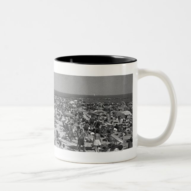 Crowd of people on beach B&W elevated view Two-Tone Coffee Mug (Right)
