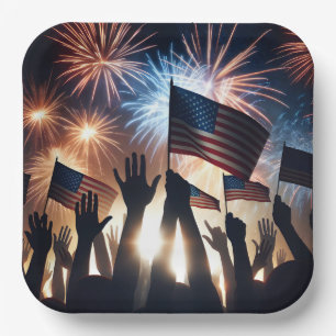 Crowd With American Flags and Fireworks Paper Plate