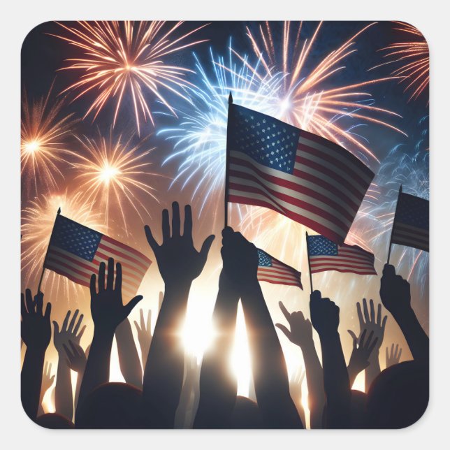 Crowd With American Flags and Fireworks Square Sticker (Front)