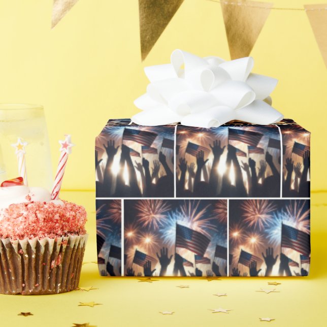 Crowd With American Flags and Fireworks Wrapping Paper (Birthday Party)
