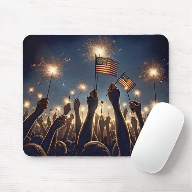 Crowd With American Flags and Sparklers Mouse Mat (With Mouse)
