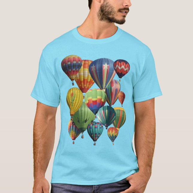 Crowded Colourful Hot Air Balloons on Blue T-Shirt (Front)