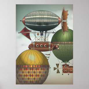 Crowded Skies Travel Traffic Steampunk Airships Poster