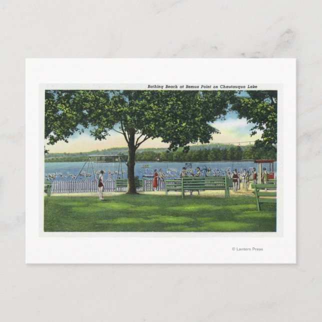 Crowds at the Beach and Park on Chautauqua Postcard (Front)