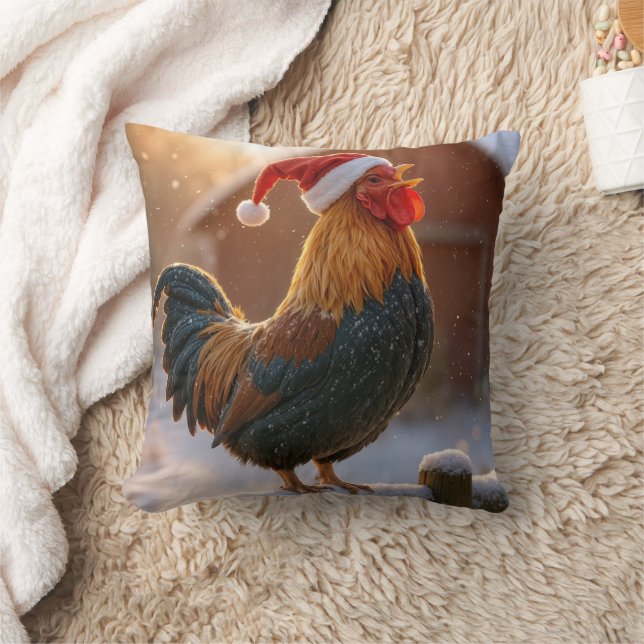 Crowing Christmas Rooster Wearing a Santa Hat Cushion (Blanket)