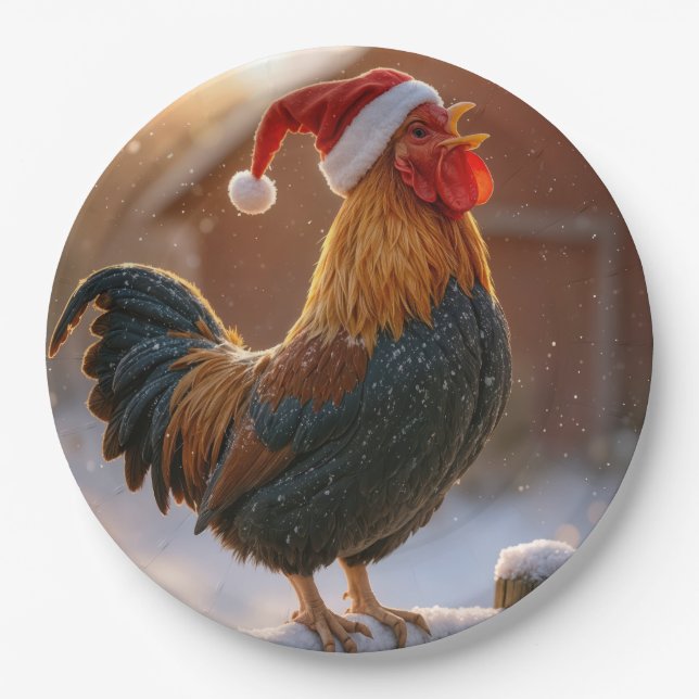 Crowing Christmas Rooster Wearing a Santa Hat Paper Plate (Front)