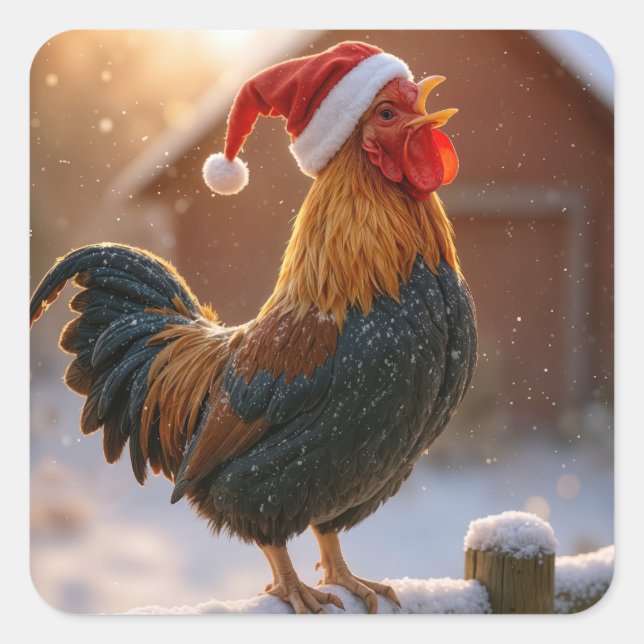 Crowing Christmas Rooster Wearing a Santa Hat Square Sticker (Front)