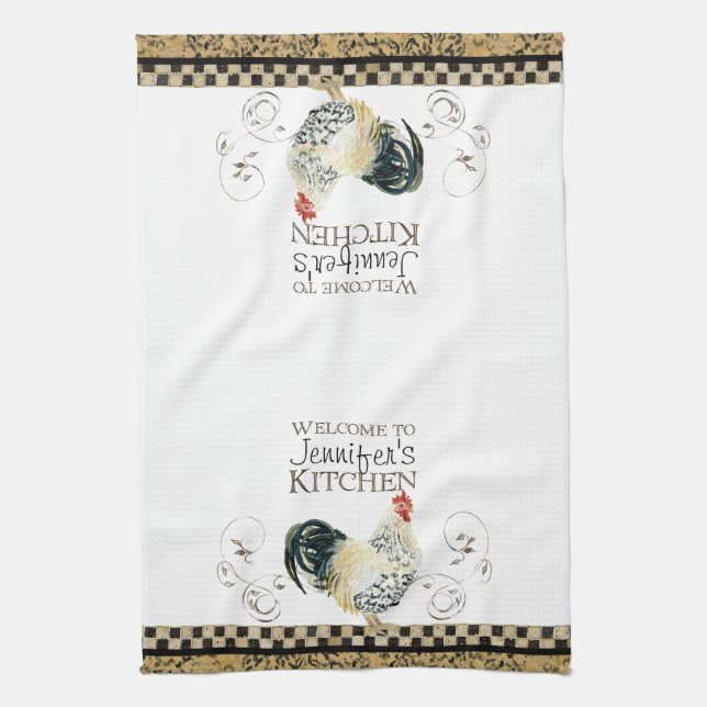 Crowing Rooster Black & Tan Check Swirl Kitchen Tea Towel (Vertical)