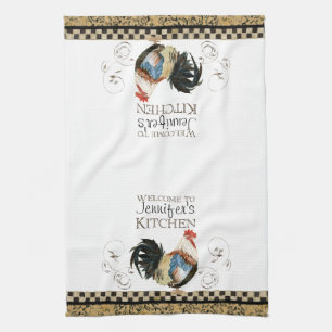 Crowing Rooster Black & Tan Check Swirl Kitchen Tea Towel