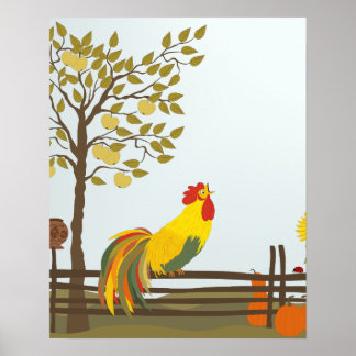Crowing Rooster on Fence Poster