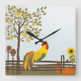 Crowing Rooster on Fence Square Wall Clock