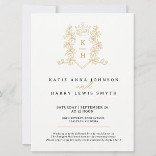 Crown and foilage wedding black gold on white invitation