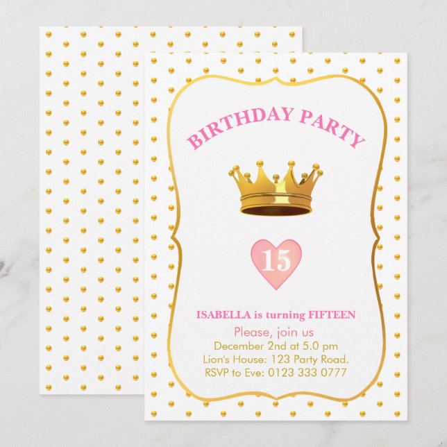Crown and Gold Confetti 15th Birthday Invitation (Front/Back)